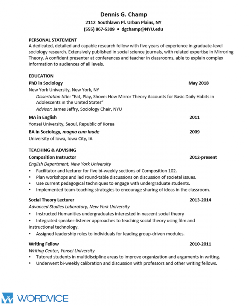 Sample Graduate CV for Academic and Research Positions - Wordvice